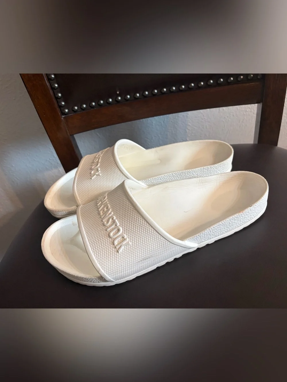 Birkenstock White Embossed Logo Slide Sandals